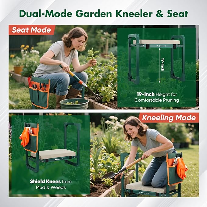 Garden Kneeler and Seat Foldable Kneeling Chair with Extendable Legs & Thickened Pad,Heavy Duty Foldable Gardener Stool with Tool/Storage Bags for Grandparents Gardeners