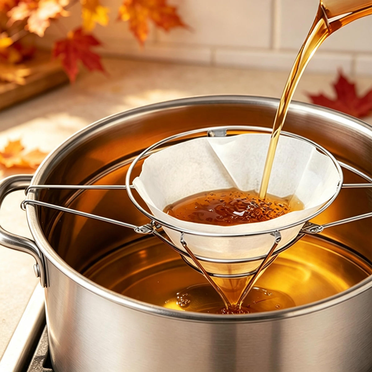 Maple Syrup Filter Holder with 10 Pcs Filter Paper, Oil Strainer with Stand