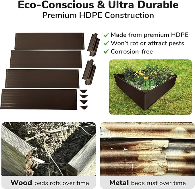 Raised Garden Bed - 4x4 ft Planter Box - Brown HDPE - No Tools Needed - DIY Kit for Urban Gardening, Flowers, Herbs & Vegetables - Made in The USA