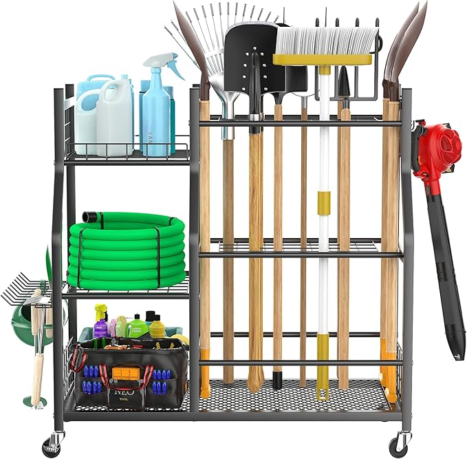 WALMANN Garden Tool Organizer with Wheels for Garage, Large Storage Capacity, Rakes/Shovels/Yard Tools Storage Stand for Shed, Garden, Indoor/Outdoor Long-Handled Tools Rolling Cart