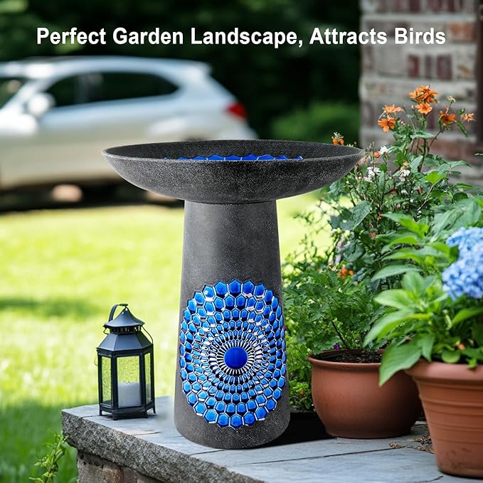 21.5'' Tall Ceramic Bird Bath for Outdoor, Heavy Duty - Cold-Weather Resistant Bird Bath, Garden and Patio Décor - Diamond Blue