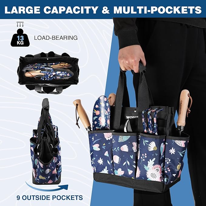 WORKPRO Garden Tool Bag, 9-Pocket Heavy Duty Oxford Tote Bag, Gardening Tool Kit Holder, 12" x 12" x 6" (Blue Insects)