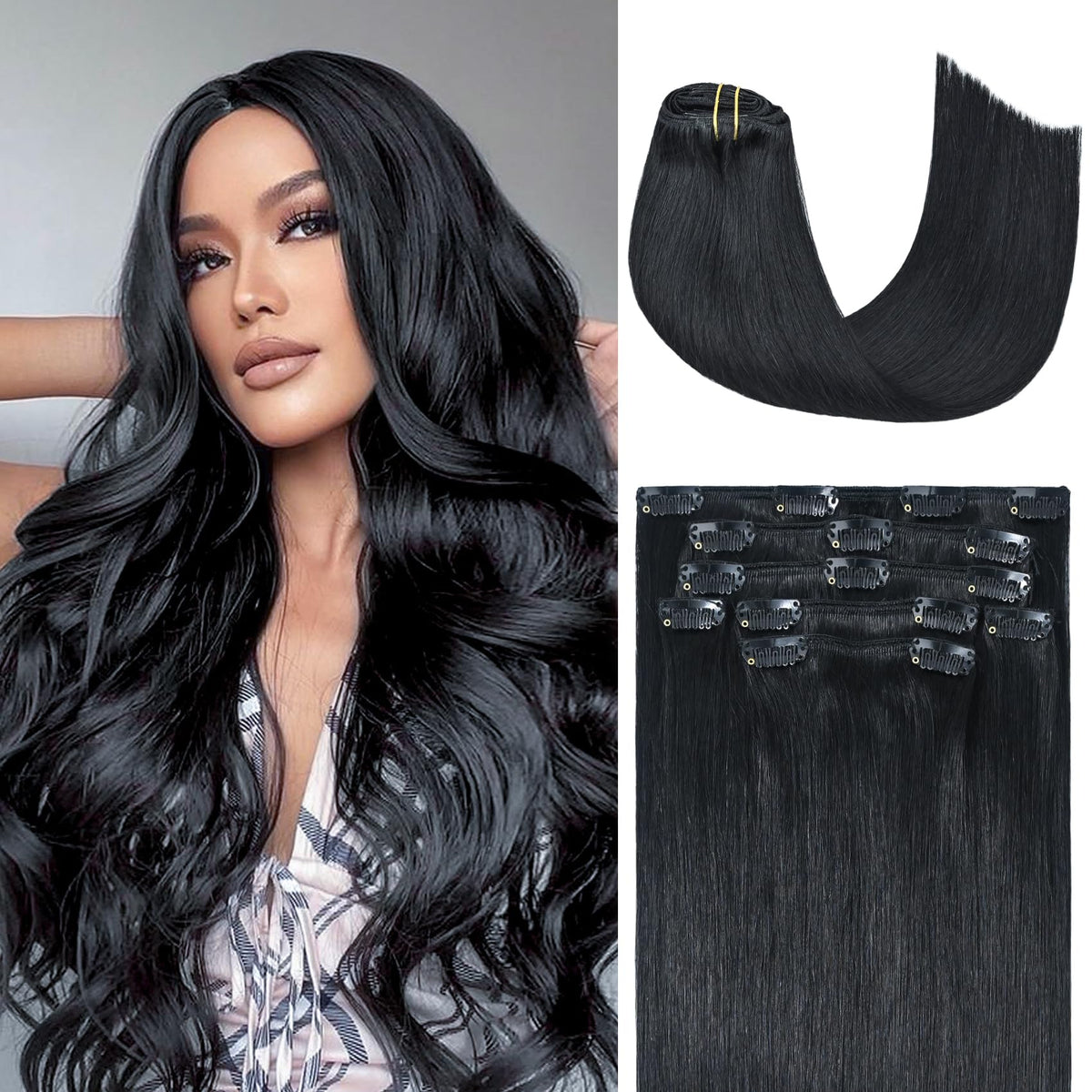 Honsoo Black Women Hair Extensions Jet Black Clip In Real Human Hair Upgraded Soft & Natural 18In 85G 7Pcs Remy Human Hair For B