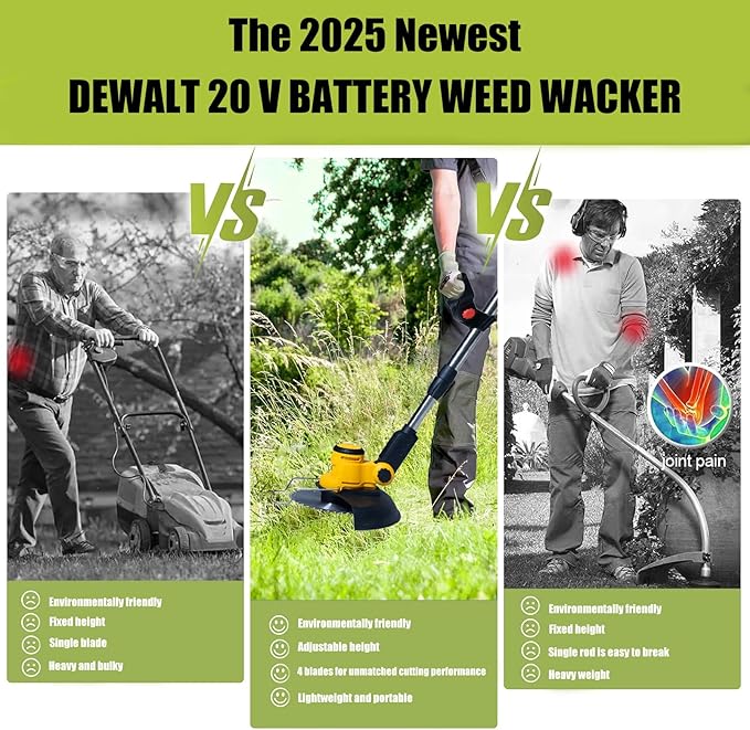 Electric Weed Wacker Cordless for Dewalt 20 V Battery, 4-in-1 Battery-Powered Mower, Lightweight Cordless Weeder for Lawn, Yard and Brush Mowing (Battery Free, Yellow)