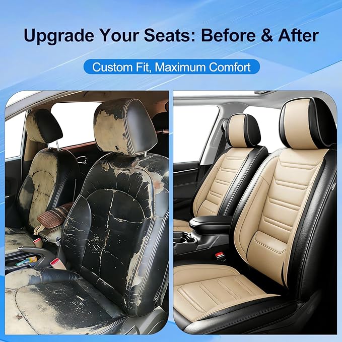 Fit Ridgeline Car Seat Covers for Select Honda Ridgeline 2007-2026 - Premium Full Coverage Leather, Airbag Compatible, Waterproof & All Weather Seat Cushion Protector, Front Pair Black+Beige