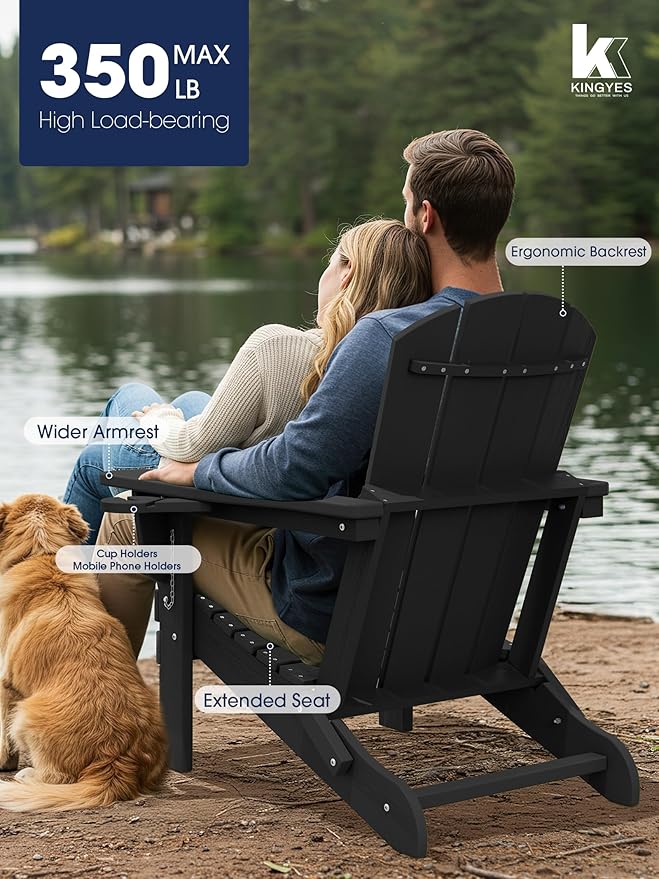 KINGYES Folding Adirondack Chair with Dual Cup Holders - HDPE All-Weather Outdoor Chairs, Wood-Like Patio Chair for Backyard, Camping, Pool & Fire Pit, Black