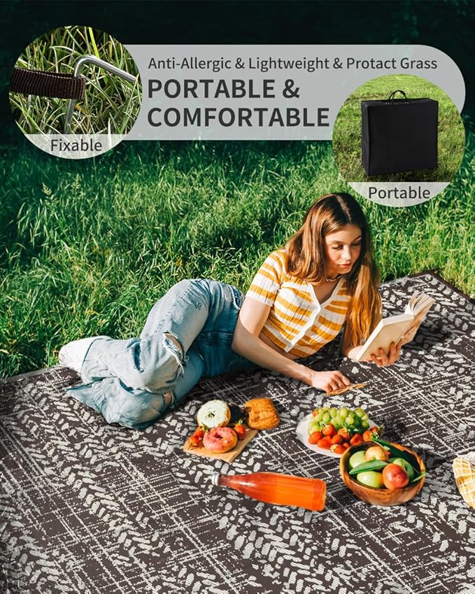 MontVoo Outdoor Rug 8x10 Waterproof-Patio Rug Mat Outdoor Carpet Reversible RV Camping Picnic Plastic Straw Rug Outside Outdoor Area Rug for Balcony Deck Backyard Patio Decor Boho Modern Brown