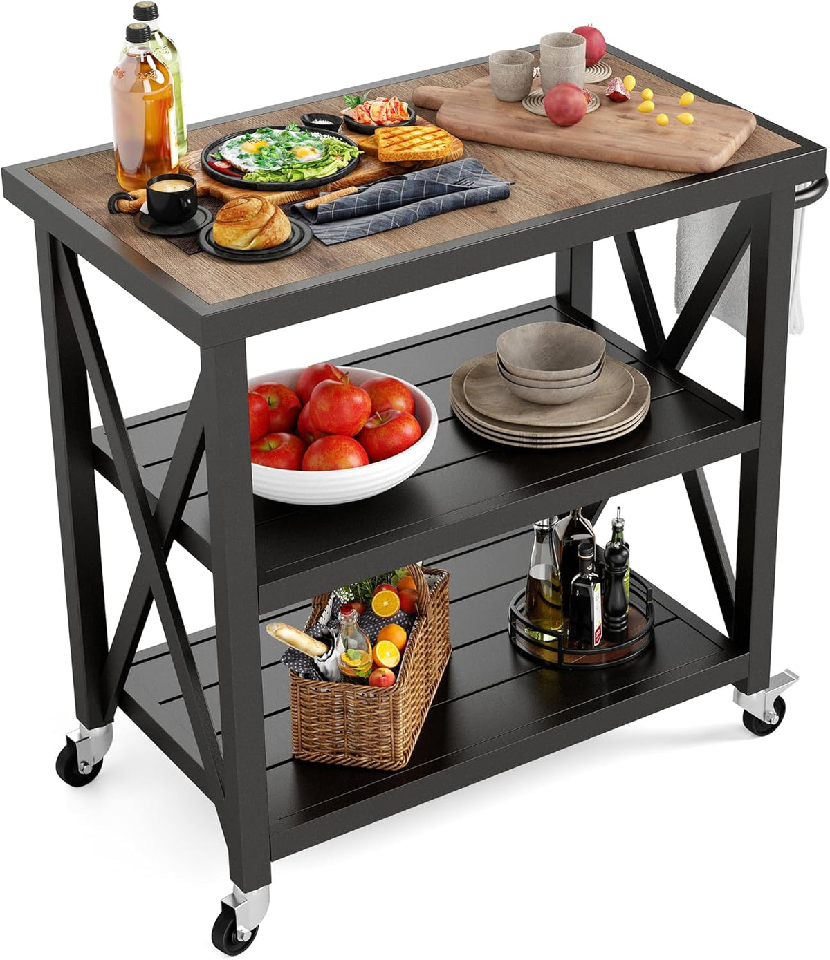 PHI VILLA Outdoor Grill Table, Elegant Grill Cart with Ceramic Wood Grain Table Top, Serving Cart with Shelves, Patio Grilling Backyard BBQ Grill Cart, Black