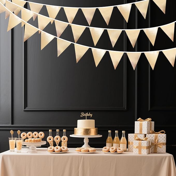 Champagne Gold Party Decoration Metallic Fabric Triangle Pennant Banner Flag Bunting Garland for Birthday Engagement Bridal Shower Wedding Anniversary Graduation Bachelorette Party Decoration Supplies