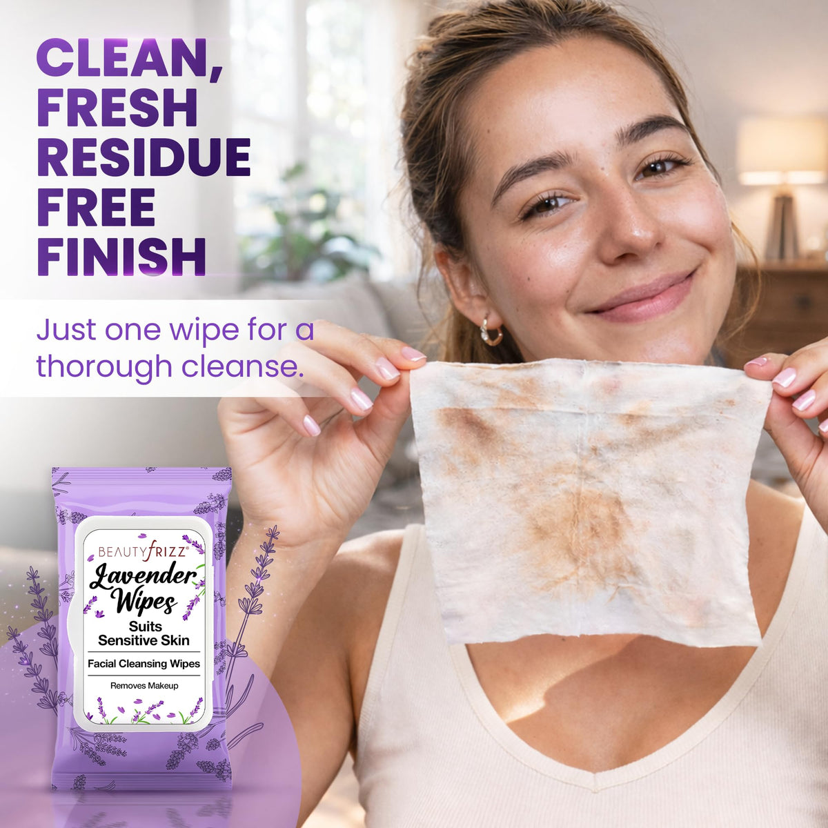 BeautyFrizz Lavender Face Wipes - No Rinse Makeup Remover - Extra Soft