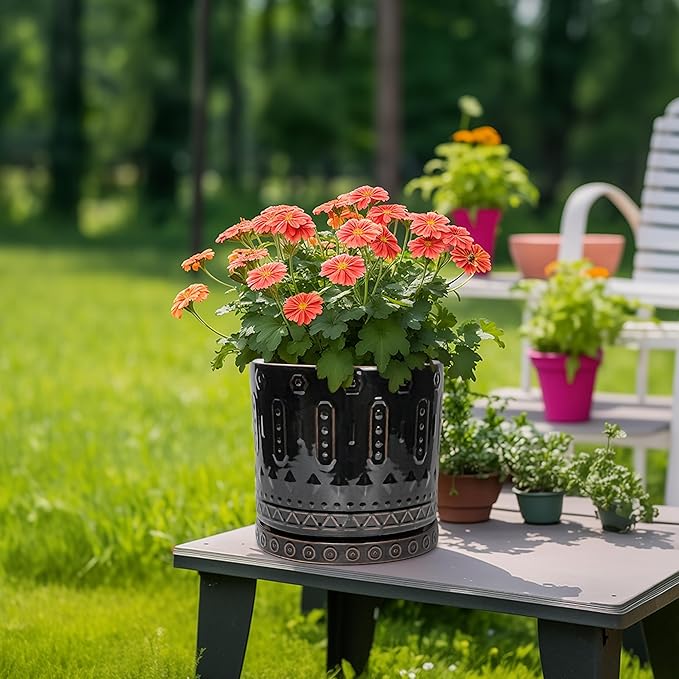 Ceramic Planter for Indoor Plants - 10 Inch Plant Pots with Drainage Hole and Saucer, Round Decorative Flower Pots Outdoor, Boho Large Planter, Room Decor, House Warming Gifts, Black