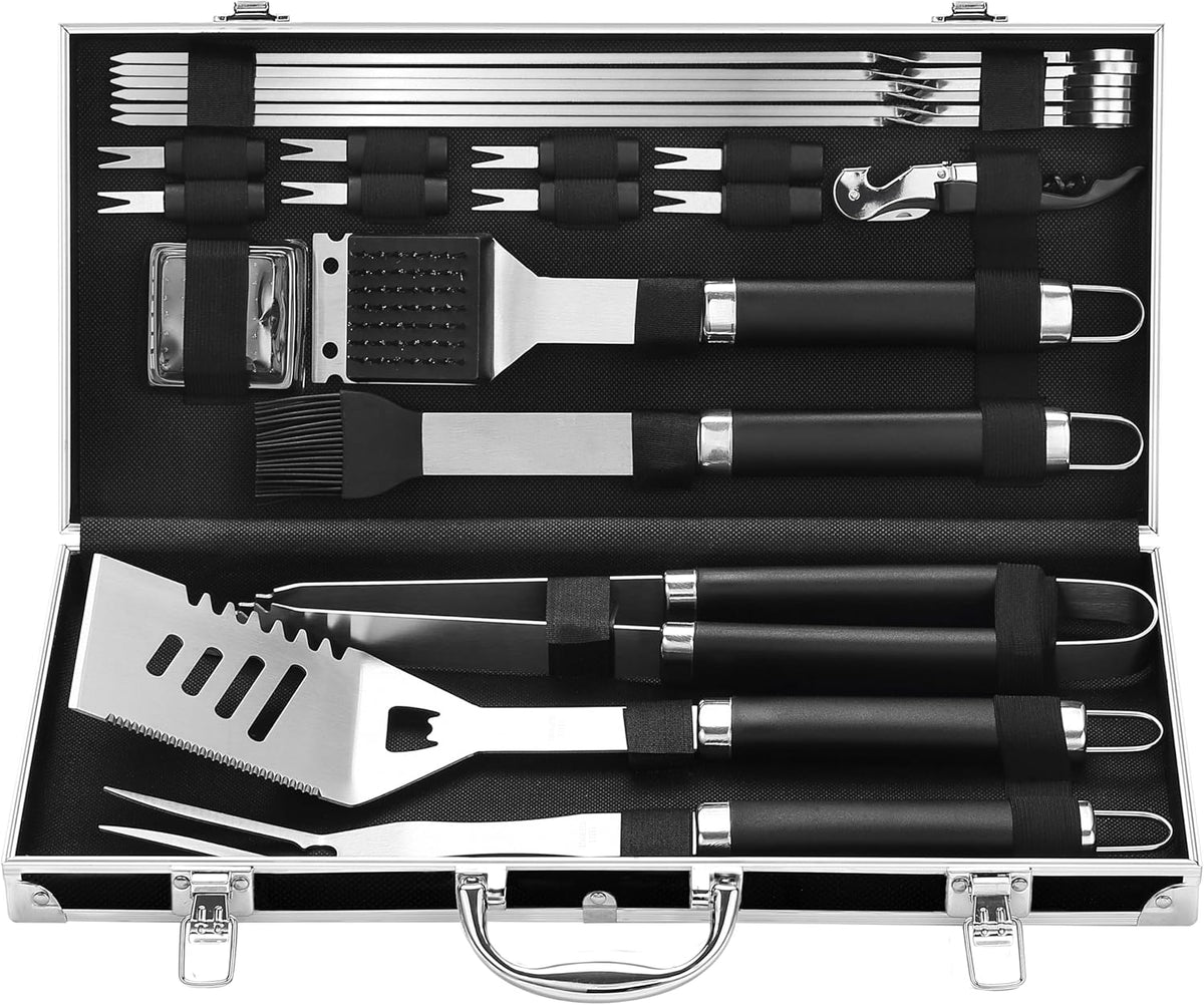 Grilljoy BBQ Accessories Grill Tools Set - 22PCS Stainless Steel Barbecue Grill Accessories for Outdoor Grill with Black Aluminum Case - Grilling Gifts for Men Dad -Grill Tools Kit