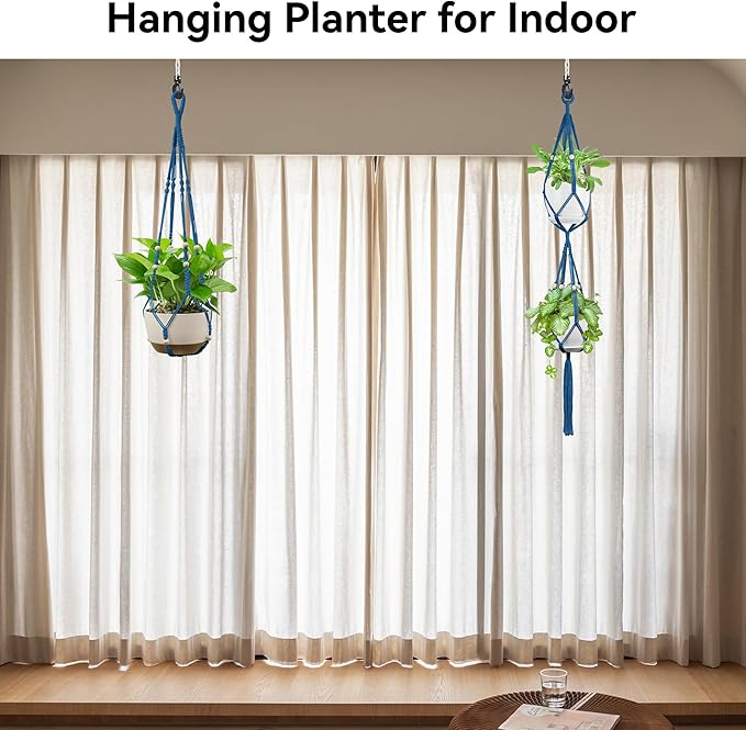 USLAI Macrame Plant Hanger Indoor Outdoor, Up to 4-15 inch Pot, Heavy 20lb Planters, Extra Long Strong Hanging Planter Basket Holder, Boho Home Decor, 35+49 Inch, Blue (POTS NOT Included)