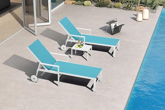 PURPLE LEAF Outdoor Chaise Lounge Set Adjustable Sunbathing Recliner with Armrest and Side Table for Poolside Beach Outside Patio Aluminum Chaise Lounger Blue
