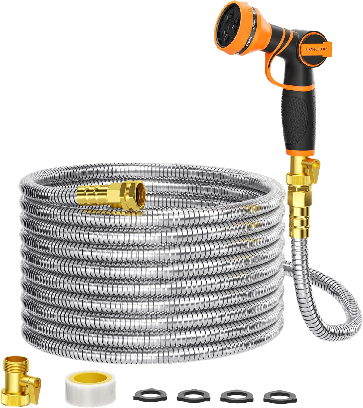 Girafe Tools Garden Hose 75ft x 5/8", 304 Stainless Steel Metal Water Hose, No Kink Garden Water Hose with 9 Pattern Spray Nozzle, Flexible, Lightweight, Kink Free Hose for Yard, Outdoor