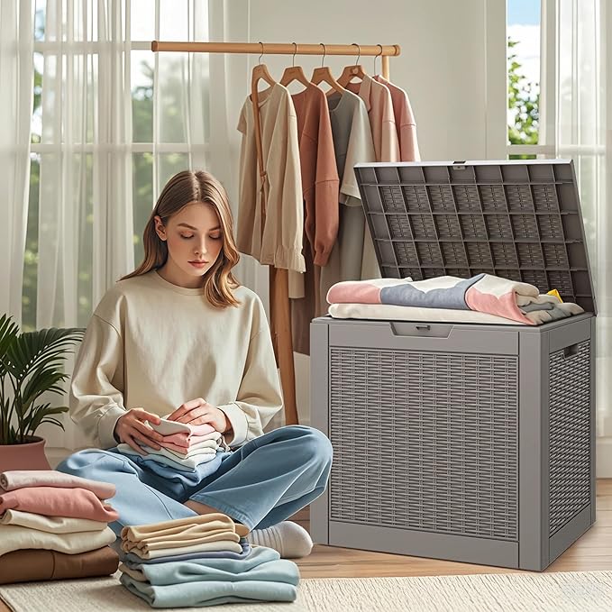 NUNU LAB 30 Gallon Waterproof Resin Deck Box, Lockable Outdoor & Indoor Storage Bench for Patio Cushions, Garden Tools, Pool Accessories & Package Deliveries – Grey