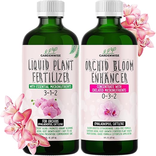 Orchid Fertilizer – Complete Orchid Plant Food Set 3-1-2 & 0-3-2 Liquid Fertilizers for Blooming, Root Growth – Optimal Orchids Care (2 x 16 OZ Bottles)