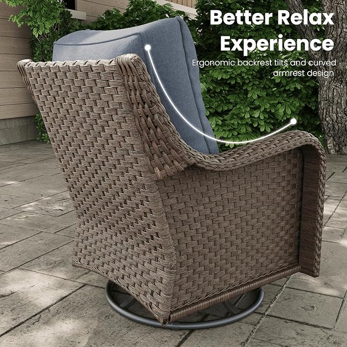 5 Pieces Outdoor Patio Furniture Sets with Rocking Swivel Chairs with 6-inch Thick Cushion and Side Table for Deck Lawn