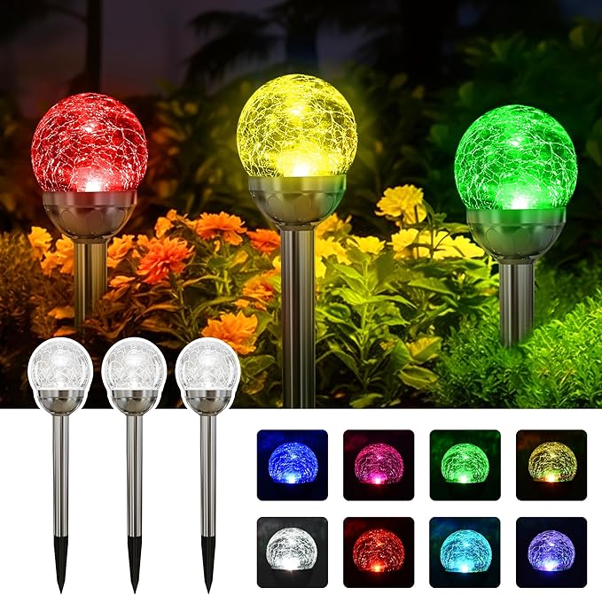 SOLPEX Solar Garden Lights Outdoor, 3 Pack Multi-Color Changing&White 2 Modes Solar Powered Glass Ball Garden Lights Waterproof for Patio Decoration