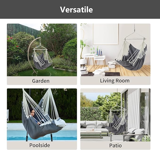 Hanging Hammock Chair Swing MAX 500 lbs Outdoor Hanging Chair with Footrest Indoor Swing Chair with Portable Steel Spreader Bar and Hardware Kit for Bedroom Living Room Patio Porch - Dark Grey