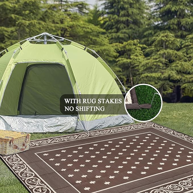 Pauwer Waterproof Outdoor Rug 10x14, Reversible Plastic Straw Patio Camping Rug, Indoor Outdoor RV Mat Carpet for Deck, Camper, Porch, Balcony, Backyard, Picnic, Bordered Brown