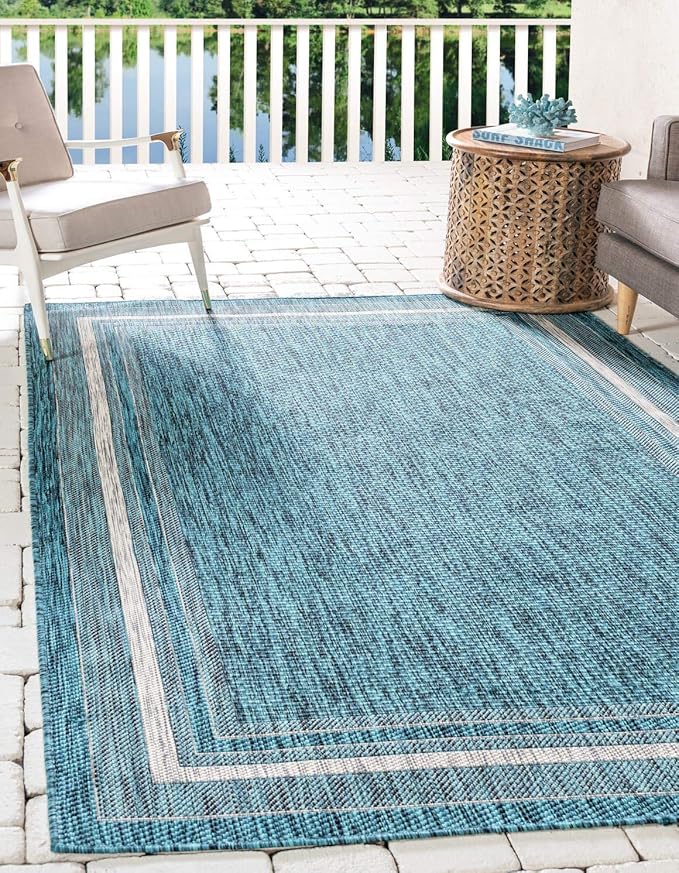 Unique Loom Outdoor Border Collection Area Rug - Soft Border (5' 1" x 8' Rectangle, Teal/ Ivory)