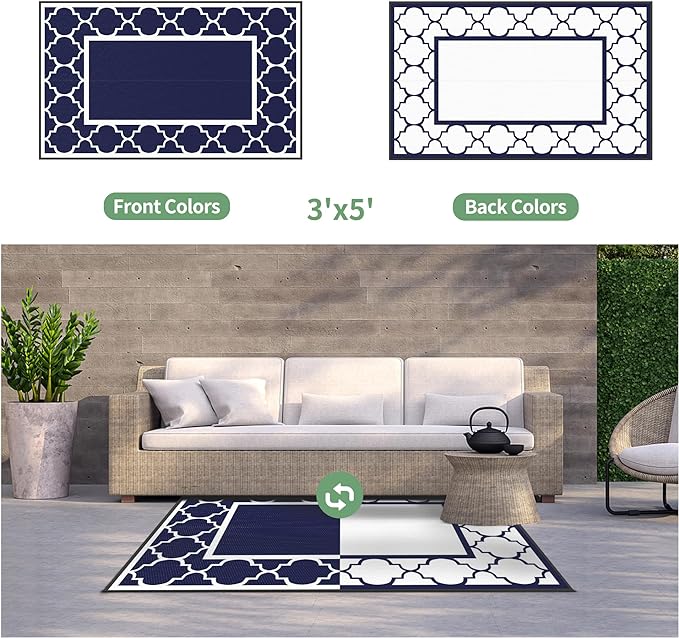GENIMO 3' x 5' Outdoor Rug Waterproof for Patio Decor, Foldable Reversible Plastic Straw Area Rugs Mat for Camper, Outside Carpet for Rv, Deck, Porch, Picnic, Beach, Balcony, Blue & White