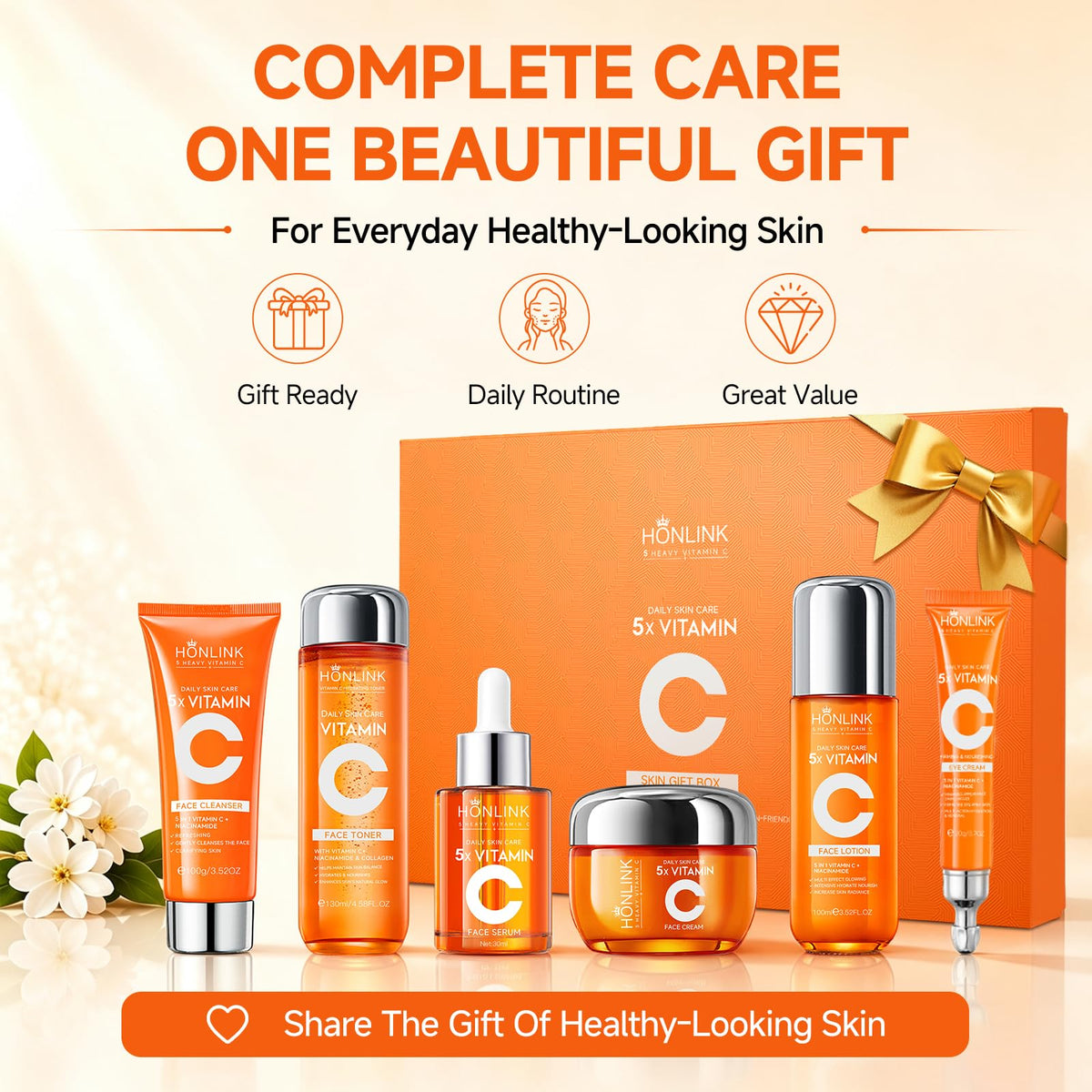 Vitamin C Niacinamide Skincare Set, Daily Facial Care Routine with 6-Piece