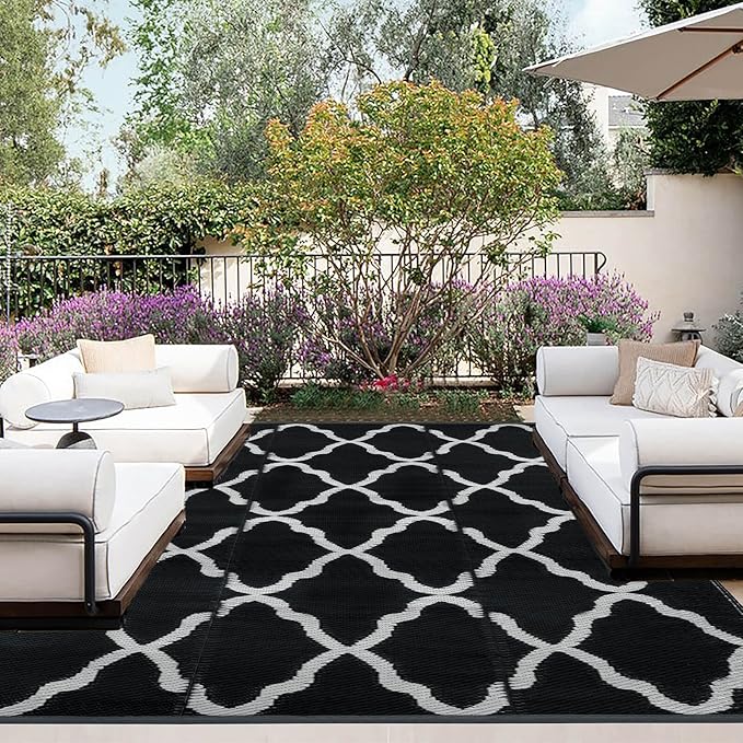 OutdoorLines Outdoor Plastic Area Rugs for Patio 6x9 ft - Reversible Outside Carpet, Stain & UV Resistant RV Mats, Straw Rug for Camping, Deck Garden, Porch and Balcony, Moroccan Black & Light Grey
