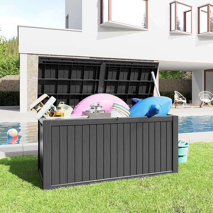 180 Gallon Resin Deck Box, Lockable Patio Outdoor Storage Box for Furniture, Garden Tools and Tools Storage, Waterproof Outside Storage Boxes - Black
