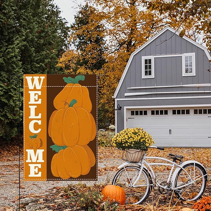 Welcome Fall Garden Flag Autumn Pumpkin Garden Flag 12x18 Inch Double Sided Fall Thanksgiving Holiday Decorations for Yard Home Porch Patio (Flay 1812)