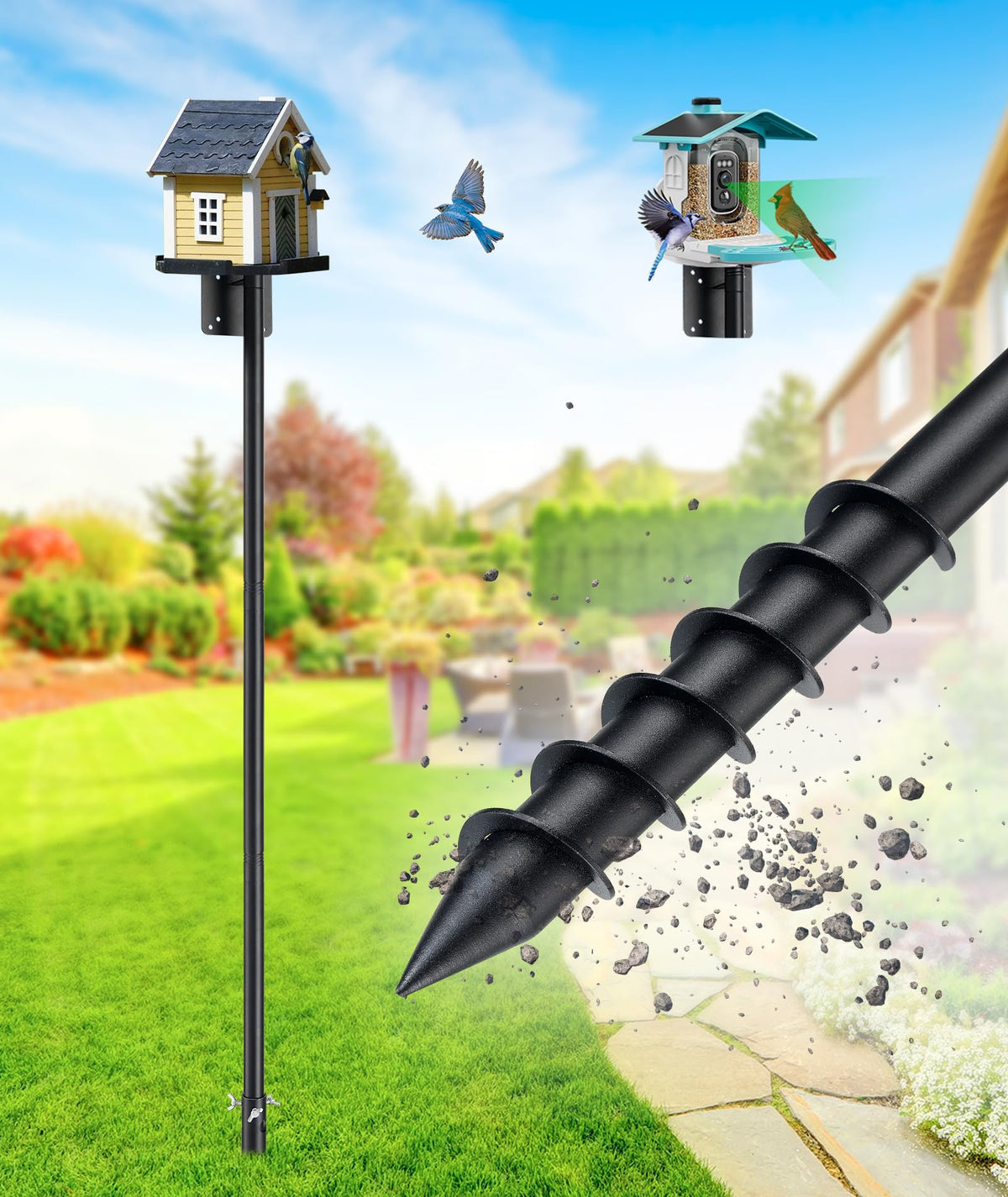 Heavy Duty Bird Feeder Pole - 109 Inch Adjustable 1 Inch Metal Bird House Pole with 14” Deep Auger Base | Outdoor Mount Kit for Bluebird Houses, Hummingbird Feeders, Smart Bird Feeder with Camera