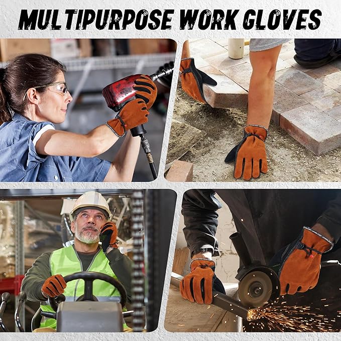 HLDD HANDLANDY Leather Work Gloves for Men & Women, Adjustable Wrist Cowhide Gardening Glove with Reinforced Palm for Driver