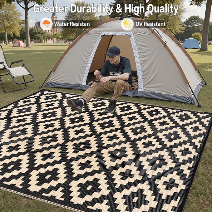 Outdoor Plastic Straw Rug, Waterproof Mat, Washable Large Floor Mat and Rug for Outdoors, RV, Beach, Patio, Camping, Backyard, Deck, Picnic, Indoor Outside (6x9ft,Geometry/Black&Beige)