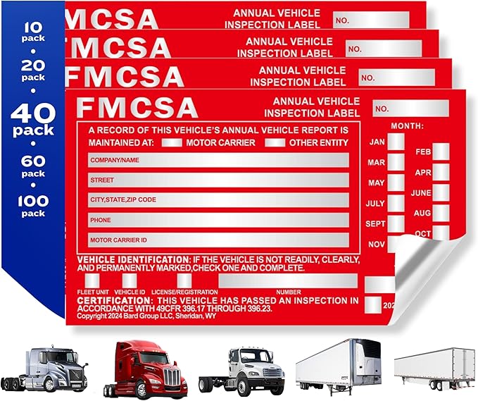 40-Pack DOT Compliant Aluminum Annual Vehicle Inspection Label – Red FMCSA Label with Punch Boxes