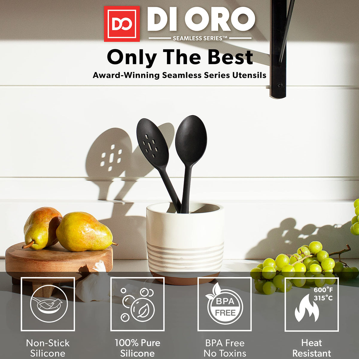 DI ORO Silicone Cooking Spoons - Solid & Slotted Set, 2-Pc Black