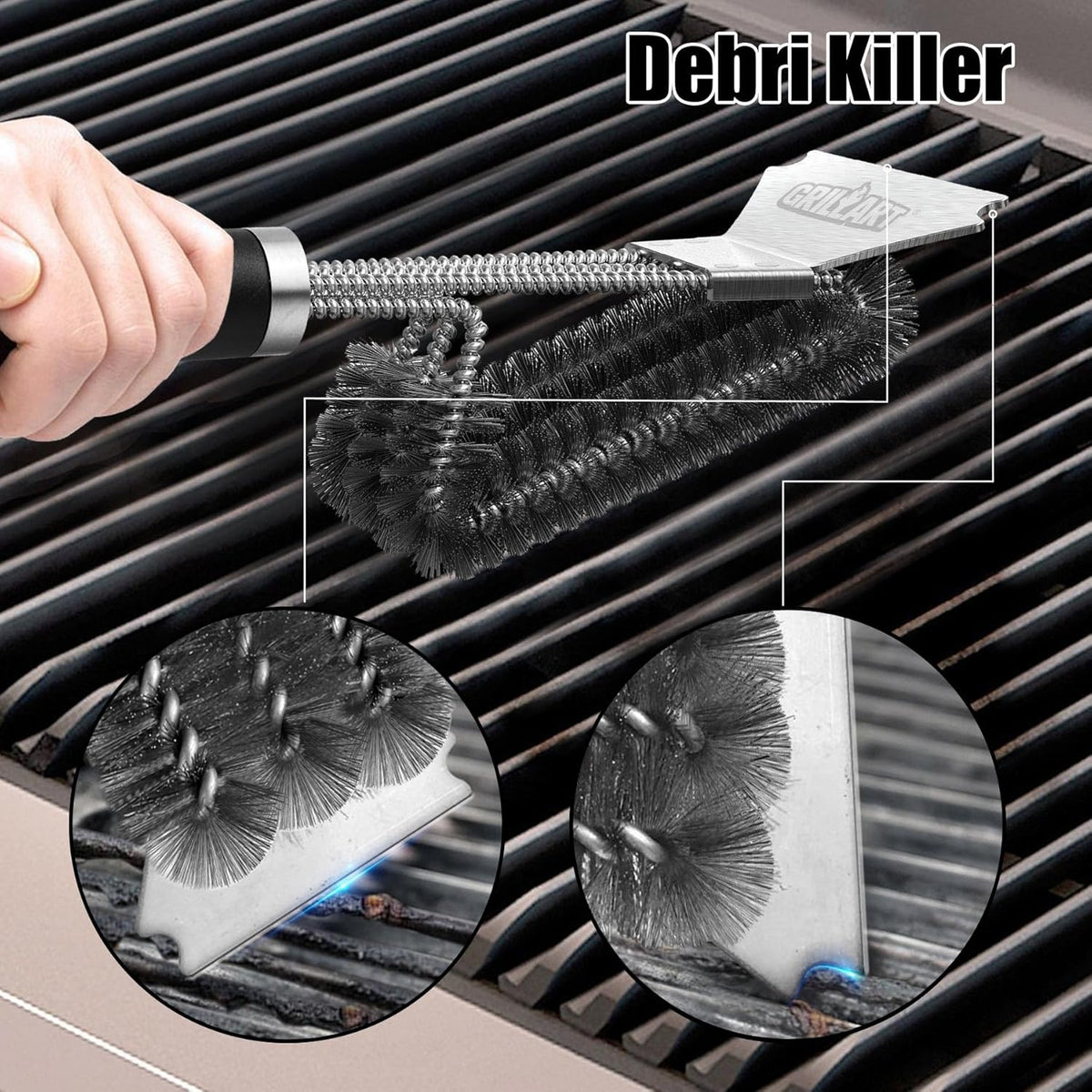 GRILLART Grill Brush and Scraper BBQ Brush for Grill, Safe 18" Stainless Steel Woven Wire 3 in 1 Bristles Grill Cleaning Brush, BR-4516