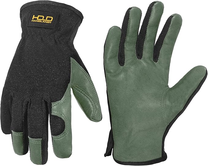 HANDLANDY Leather Work Gloves for Men & Women, Reinforced Durable Garden Gloves, Cowhide Working Glove for Gardening