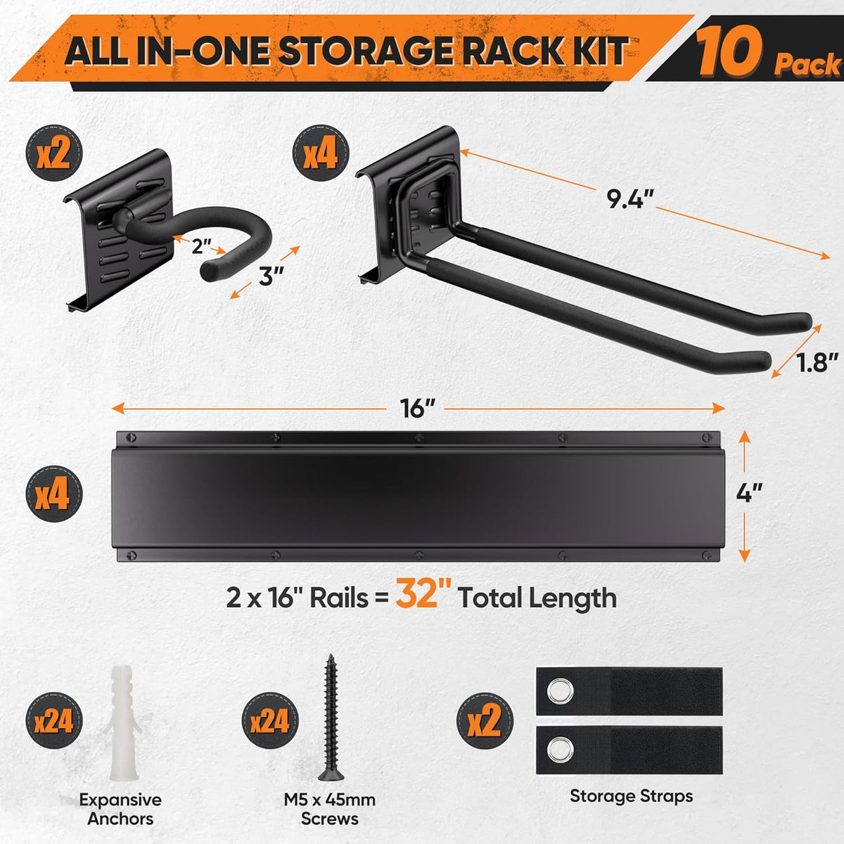 Garden Tool Organizer Wall Mount, 32 inches Tool Storage Rack with Adjustable Hooks, 600lbs Adjustable Heavy Duty Metal Hooks, Yard Shed Rack Holder System Hanging Rake Broom Mop Snowboard, Men Gift