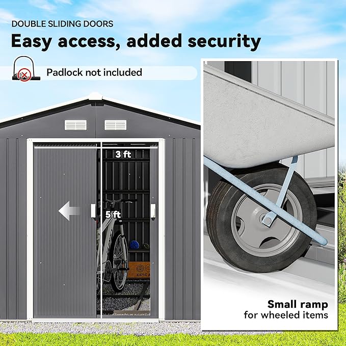 Outsunny 11' x 9' Outdoor Storage Shed, Garden Tool Metal Shed with Foundation Kit, Double Lockable Door, Air Vents and Sloping Roof, for Backyard, Patio, Lawn, Gray