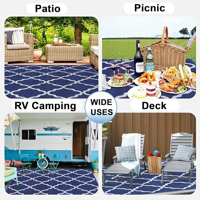 OutdoorLines Outdoor Plastic Area Rugs for Patio 5x8 ft - Reversible Outside Carpet, Stain & UV Resistant RV Mats, Straw Rug for Camping, Deck Garden, Porch and Balcony, Moroccan Navy & Light Grey