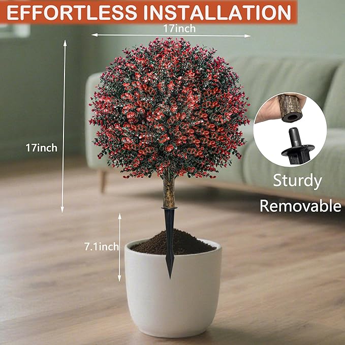 Fall Artificial Boxwood Topiary Ball Tree Bushes with Ground Spike, Set of 2 Outdoor Faux Shrub Topiary Ball, 24" UV Resistant Fake Boxwood Plants for Potted Planter,Indoor,Autumn