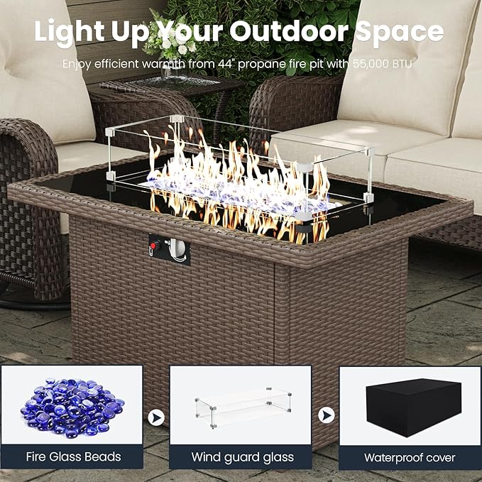 7 Pieces Outdoor Patio Furniture Sets with Single Chairs with 6-inch Thick Cushion and Fire Pit Table for Deck Lawn