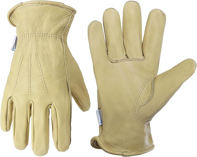 HLDD HANDLANDY Leather Work Gloves for Men & Women, Adjustable Wrist Cowhide Gardening Glove with Reinforced Palm for Driver