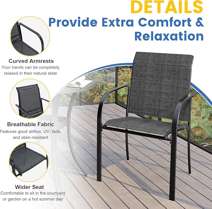 VICLLAX 5 Pieces Patio Dining Set for 4, Outdoor Furniture Set Includes 40.7" Round Patio Table and 4 Patio Stackable Chairs, Grey Tabletop and Grey Fabric