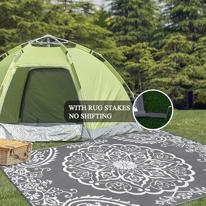 Pauwer Waterproof Outdoor Rug 9x12, Reversible Plastic Straw Patio Camping Rug, Indoor Outdoor RV Mat Carpet for Deck, Camper, Porch, Balcony, Backyard, Picnic, Boho Grey