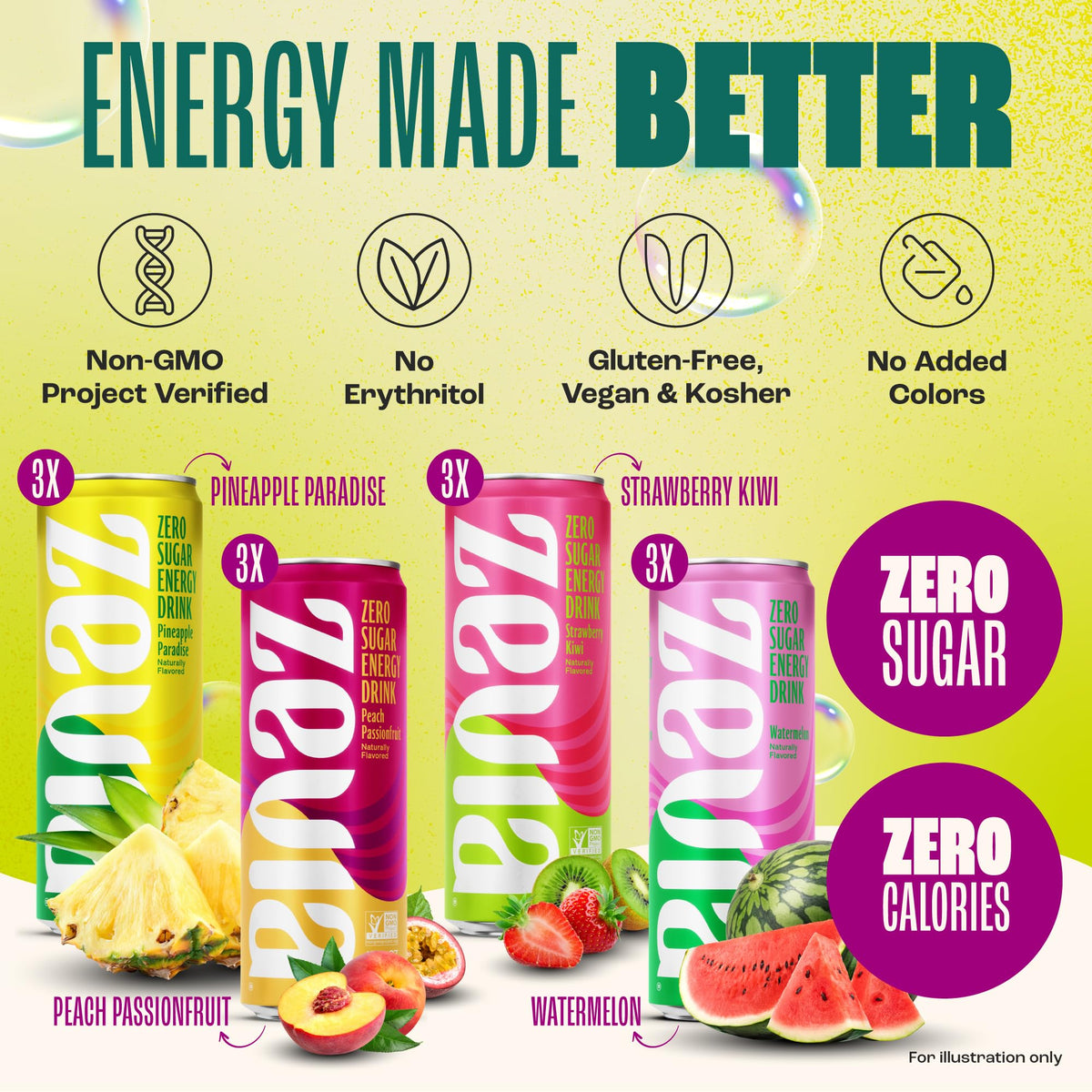 Zevia Zero Sugar Energy Drink, Fruity Fuel Variety Packs, 12 oz Cans - Naturally Sweetened, Non-GMO Project Verified, Gluten-Free, Vegan, (Pack of 24)
