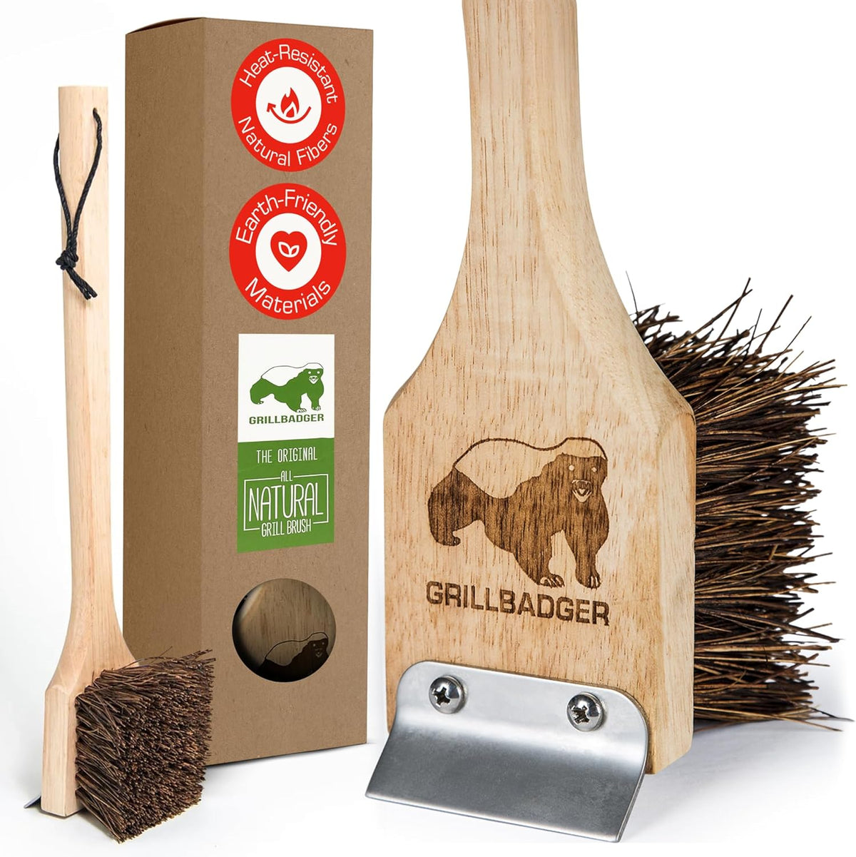 Natural Grill Brush Non Metal Bristles - Durable Non Metal Grill Brush Outdoor Grills Wooden Handle BBQ Cleaning Non-Wire High Temp Cleaner for Cast Iron Grates Safer Scrubber Tools by GRILLBADGER