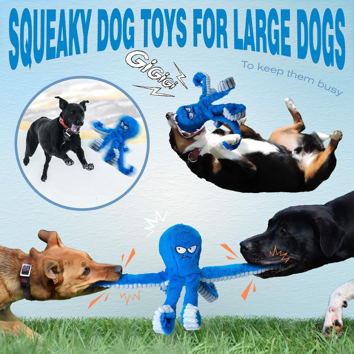 LEGEND SANDY Tough Dog Toys, Stuffed Chew Large Dog Toys to Keep Them Busy, Interactive Squeaky Tug of War Doggie Toy, Crinkle Blue Octopus