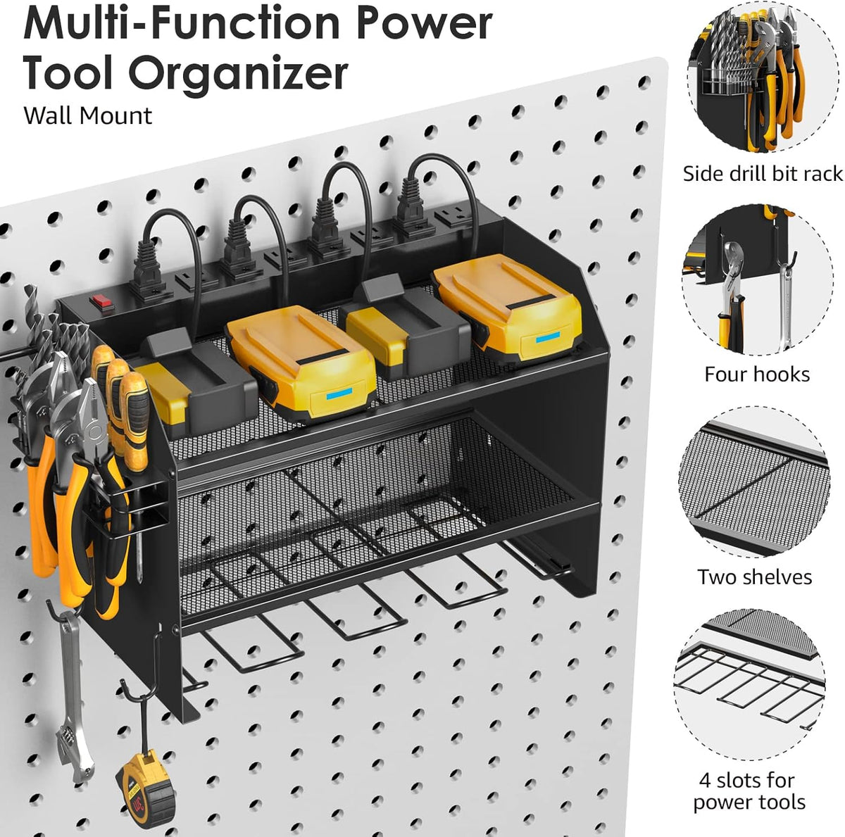 CCCEI Modular Power Tool Organizer Wall Mount with Charging Station. Garage 4 Drill Storage Shelf with Hooks, Screwdriver, Drill Bit Heavy Duty Rack, Tool Battery Holder Built in 8 Outlet Power Strip.